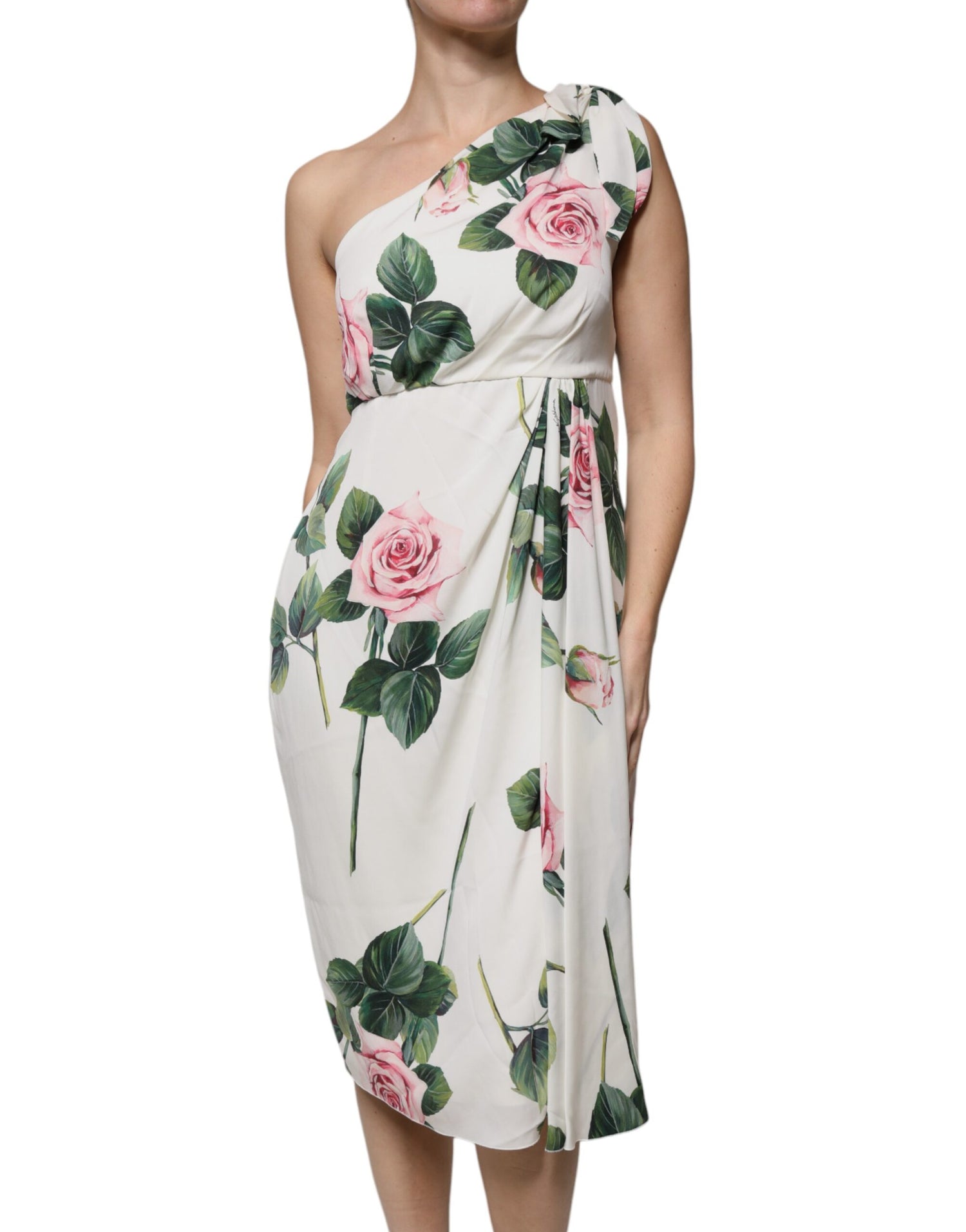 Dolce &amp; Gabbana White Floral Silk One Shoulder Midi Dress