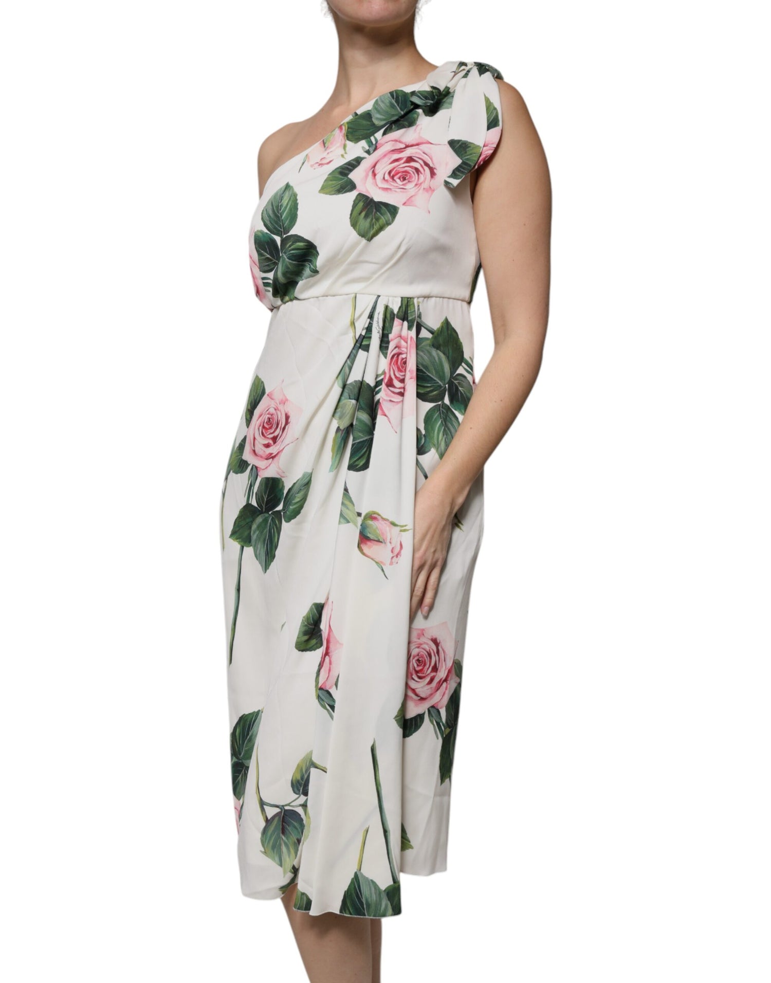 Dolce &amp; Gabbana White Floral Silk One Shoulder Midi Dress