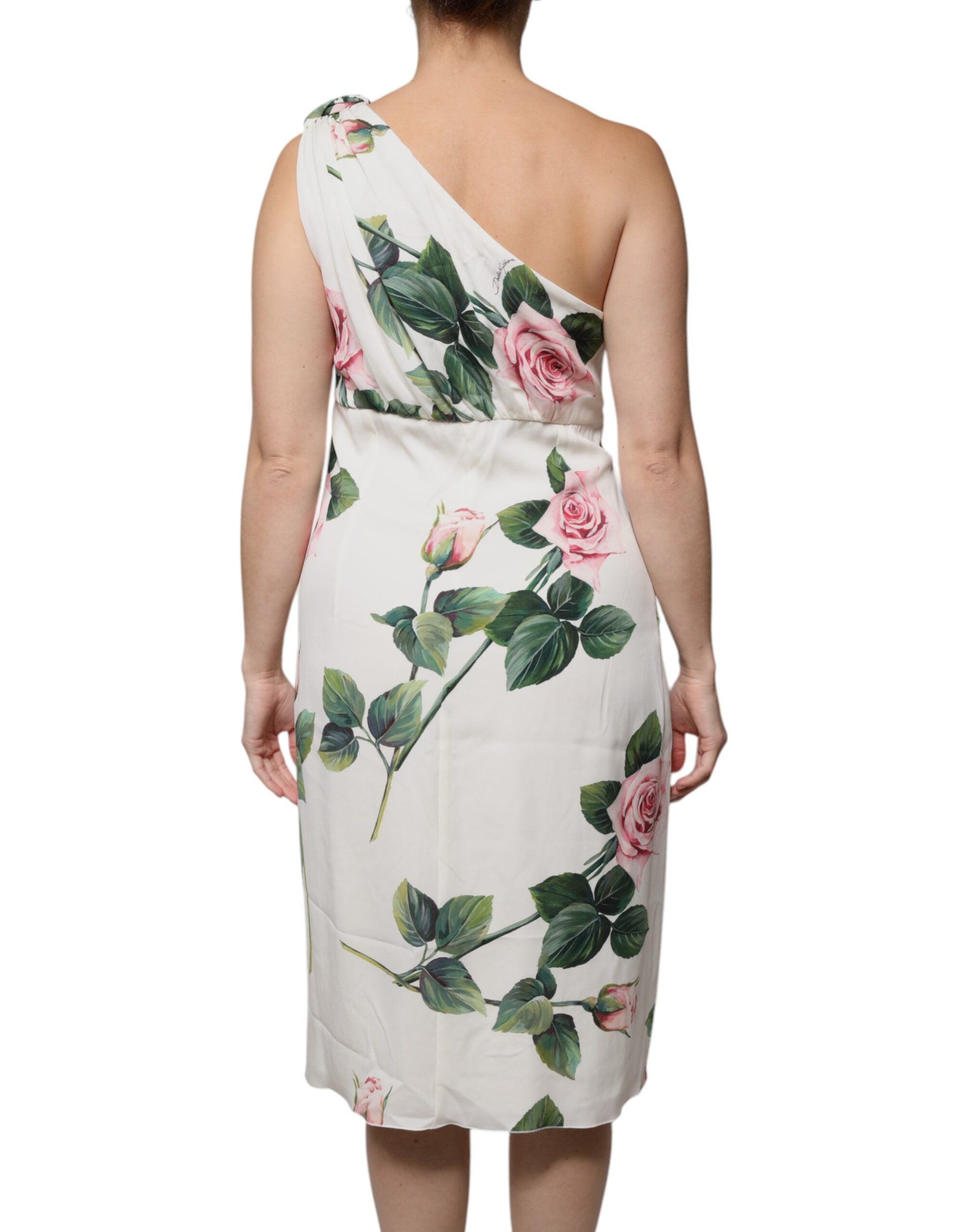 Dolce &amp; Gabbana White Floral Silk One Shoulder Midi Dress