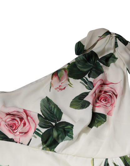 Dolce &amp; Gabbana White Floral Silk One Shoulder Midi Dress