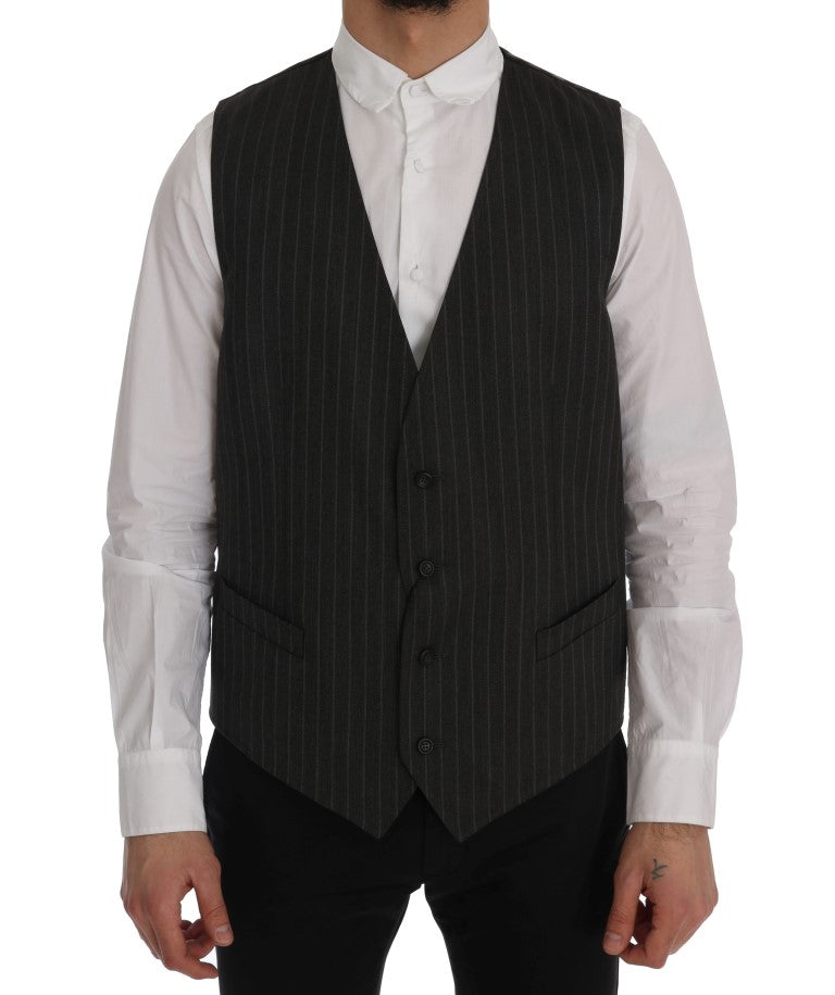 Dolce &amp; Gabbana Elegant Striped Gray Wool Blend Waistcoat Vest