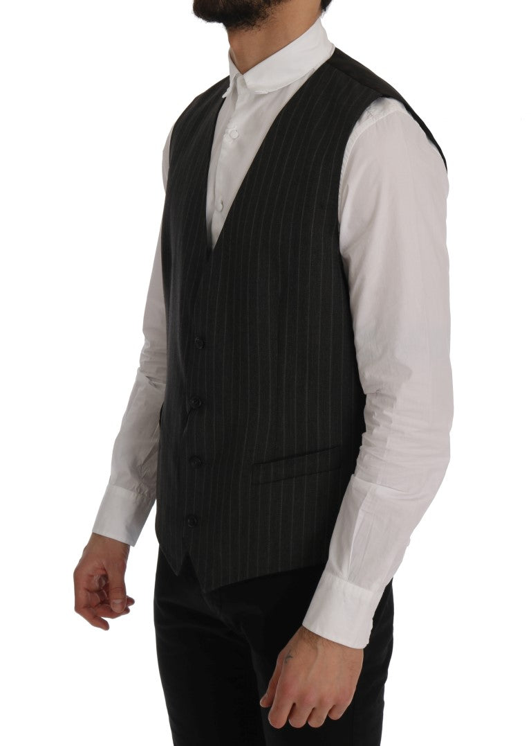 Dolce &amp; Gabbana Elegant Striped Gray Wool Blend Waistcoat Vest