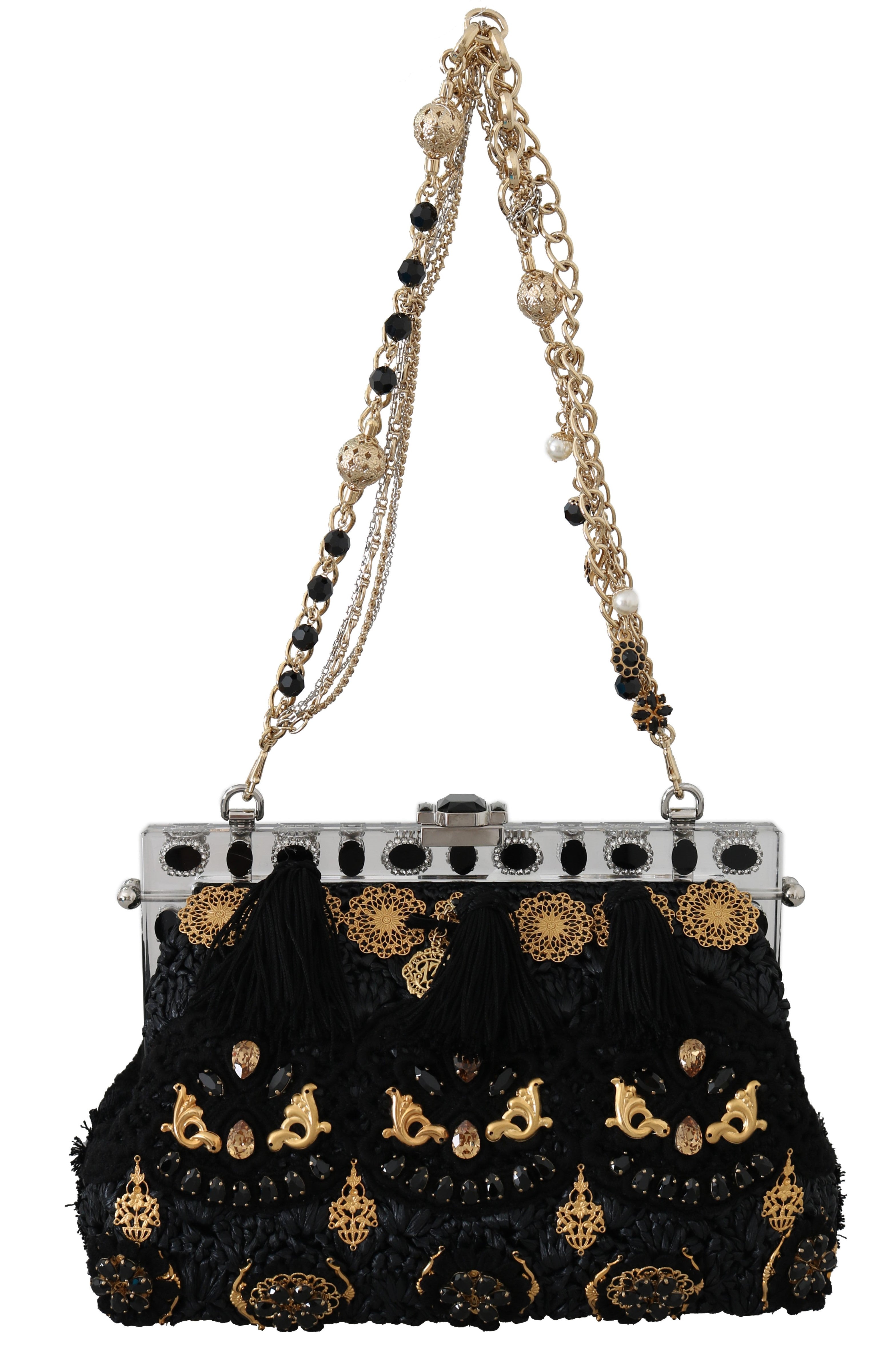 Dolce &amp; Gabbana Black Tassel Gold Baroque Crystal Evening Clutch