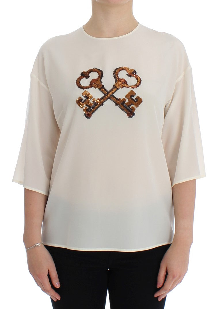 Dolce &amp; Gabbana Ivory Sequined Silk Blouse Top