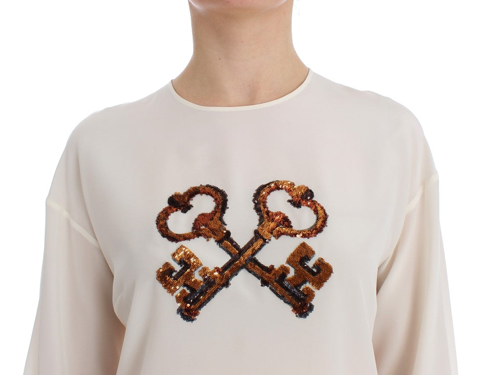 Dolce &amp; Gabbana Ivory Sequined Silk Blouse Top