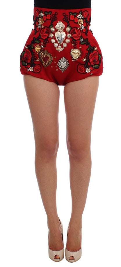 Dolce &amp; Gabbana Red Silk Crystal-Embellished Mini Shorts