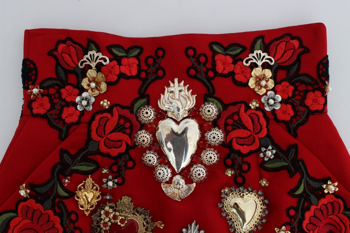 Dolce &amp; Gabbana Red Silk Crystal-Embellished Mini Shorts