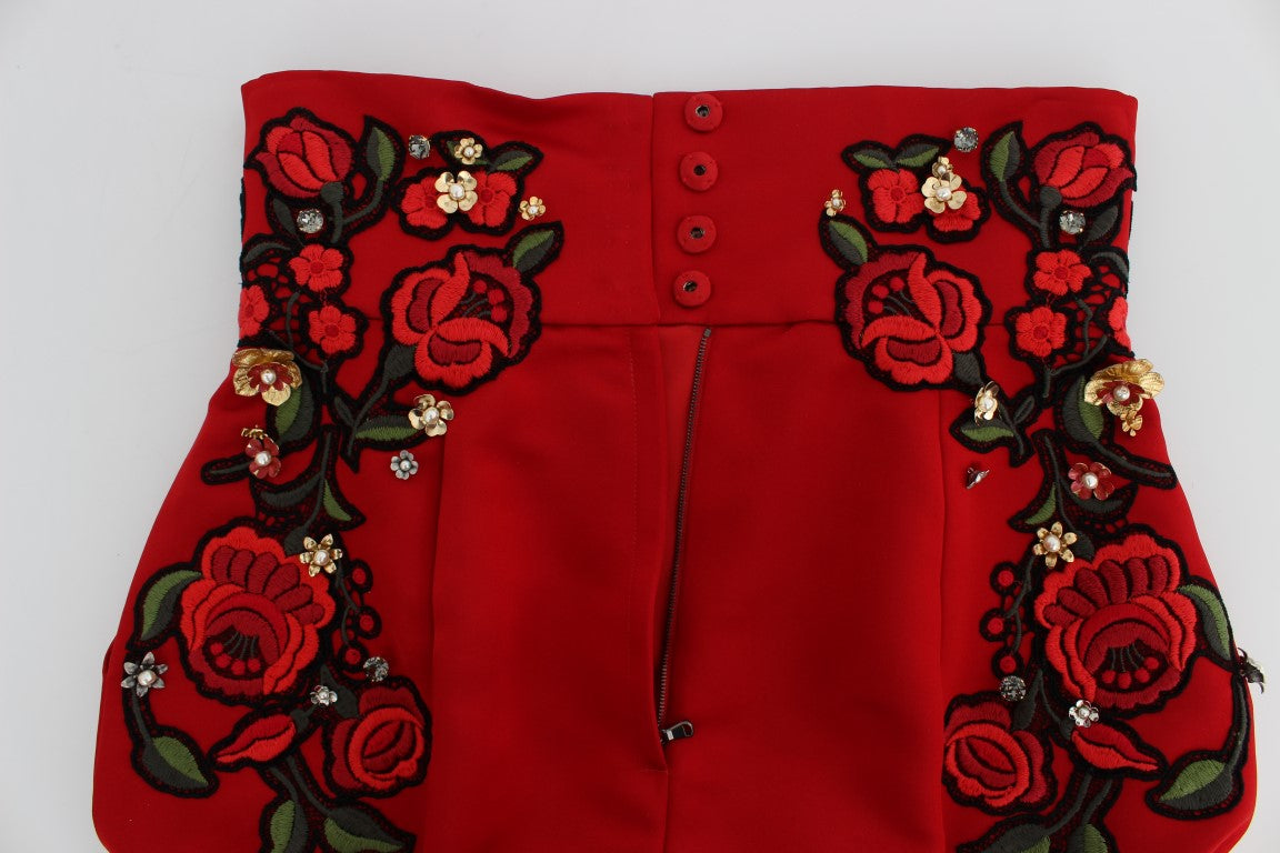 Dolce &amp; Gabbana Red Silk Crystal-Embellished Mini Shorts