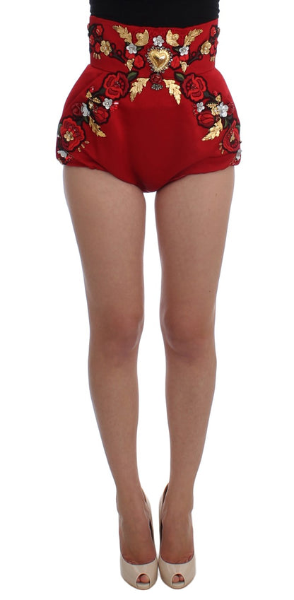 Dolce &amp; Gabbana Red Silk Crystal-Embellished High Waist Shorts