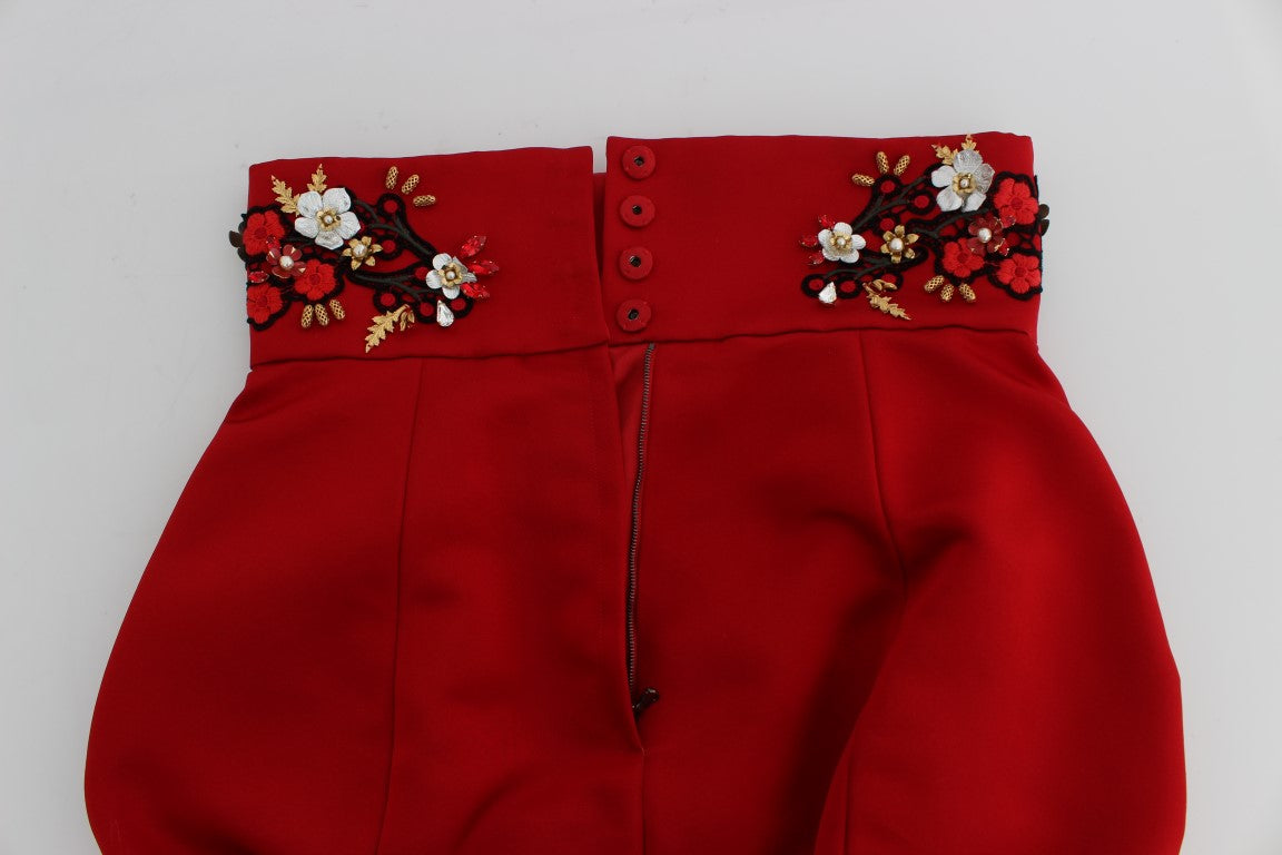 Dolce &amp; Gabbana Red Silk Crystal-Embellished High Waist Shorts