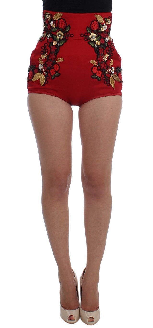 Dolce &amp; Gabbana Elegant Silk Red Embroidered Mini Shorts