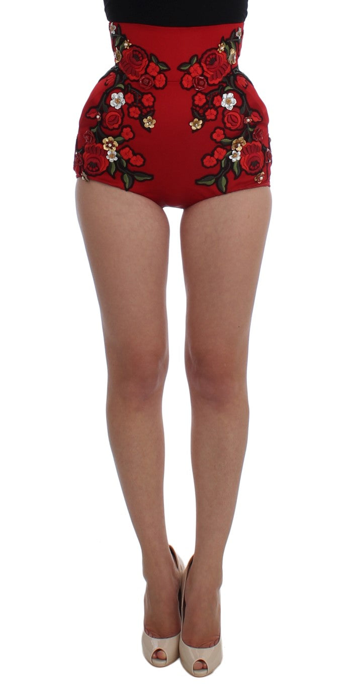 Dolce &amp; Gabbana Glamorous Red Silk Floral Embroidered Shorts