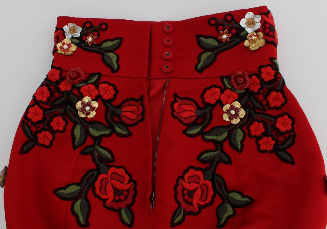 Dolce &amp; Gabbana Glamorous Red Silk Floral Embroidered Shorts