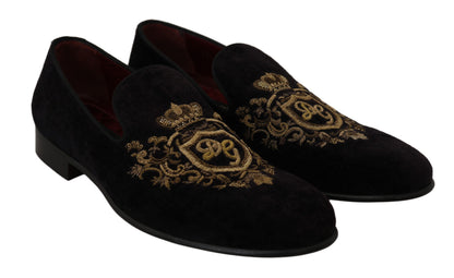 Dolce &amp; Gabbana Elegant Black Loafers with Gold Crown Embroidery