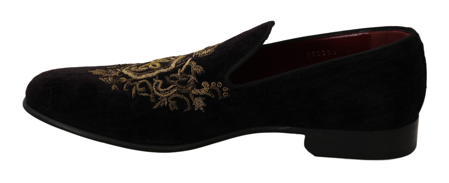 Dolce &amp; Gabbana Elegant Black Loafers with Gold Crown Embroidery