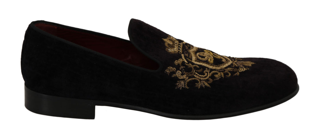 Dolce &amp; Gabbana Elegant Black Loafers with Gold Crown Embroidery