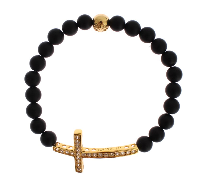 Nialaya Chic Matte Onyx Bead &amp; CZ Diamond Cross Bracelet