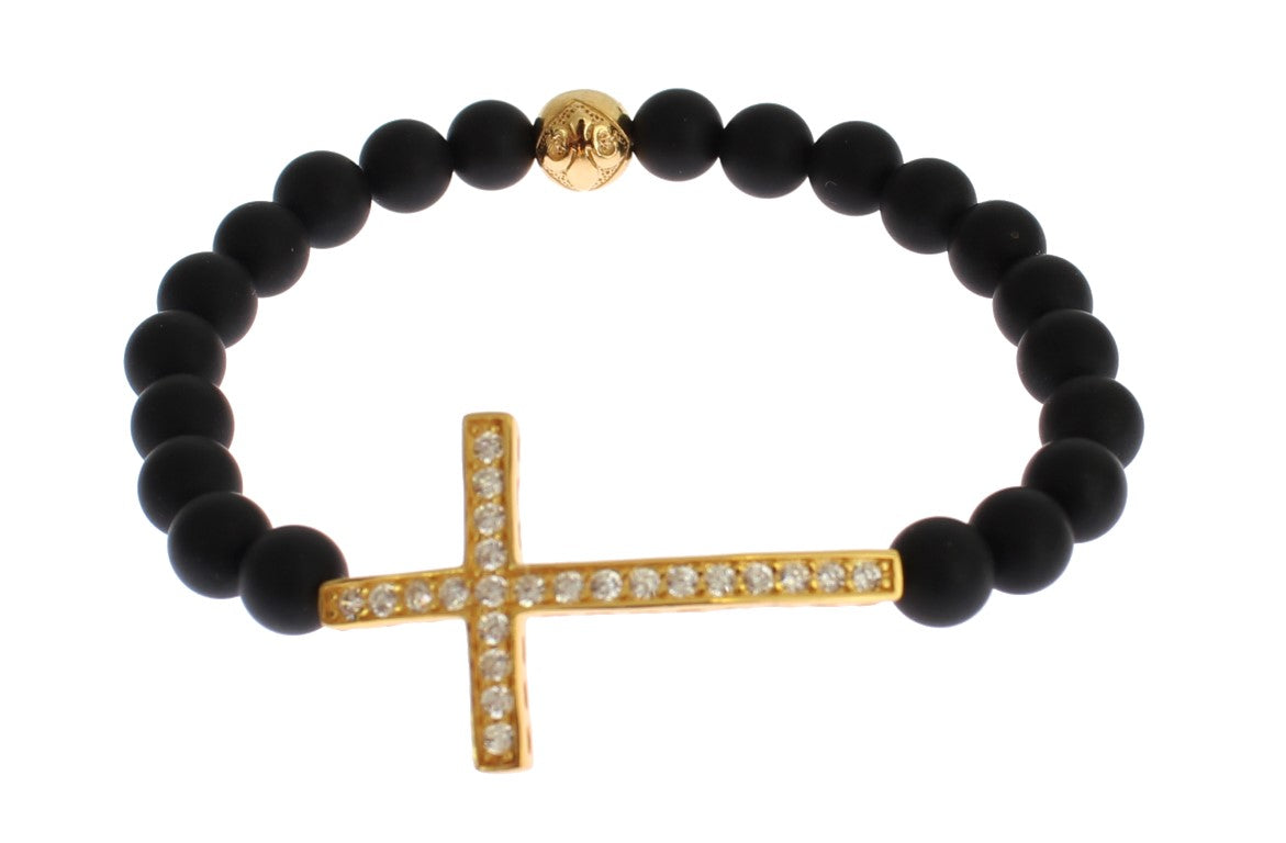 Nialaya Chic Matte Onyx Bead &amp; CZ Diamond Cross Bracelet