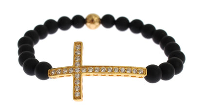 Nialaya Chic Matte Onyx Bead &amp; CZ Diamond Cross Bracelet