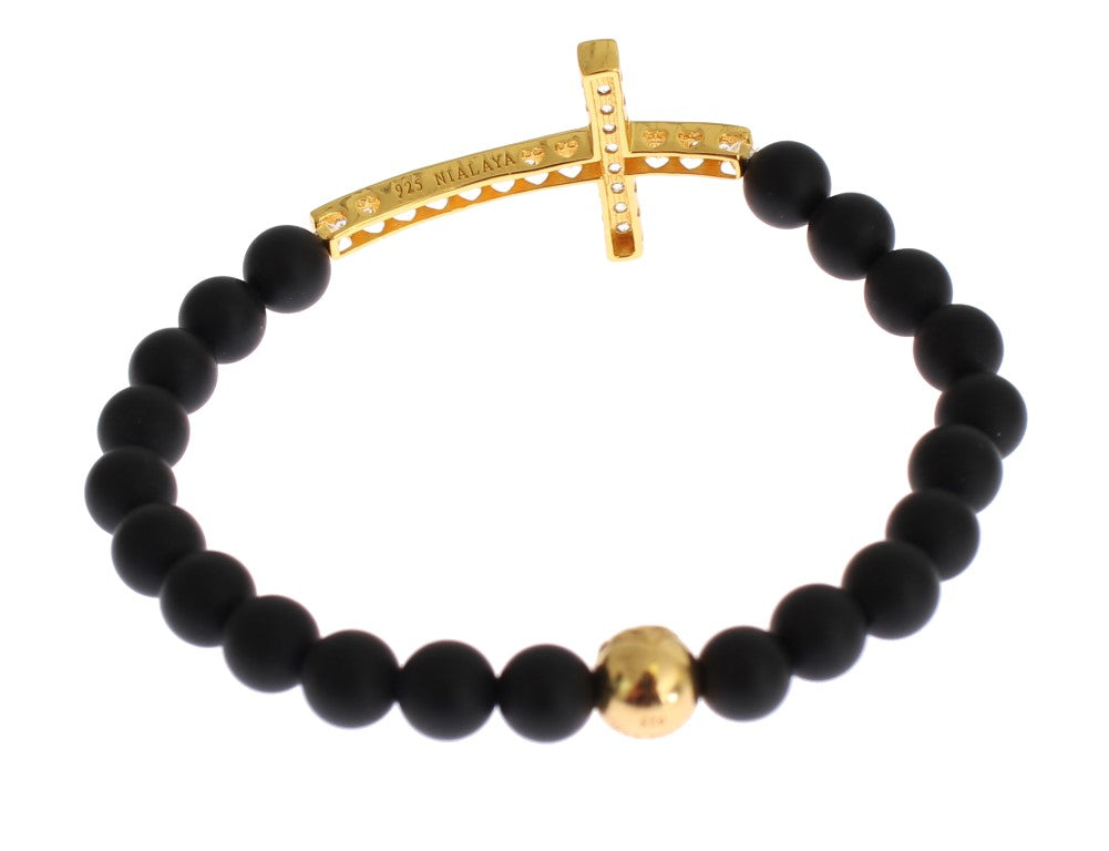 Nialaya Chic Matte Onyx Bead &amp; CZ Diamond Cross Bracelet